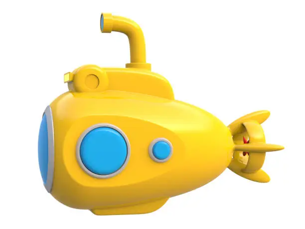 Abstract yellow toy submarine isolated on white background. 3d rendering.