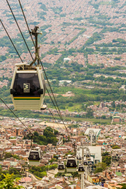 A view from high up over Medellin Colombia. Medellin, Colombia. April 2018. A view of the mass transport system cable cars over Medellin in Colombia. metro medellin stock pictures, royalty-free photos & images