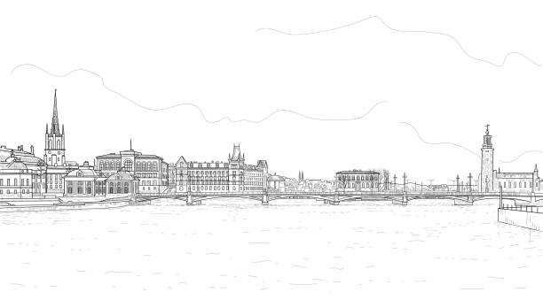 illustrazioni stock, clip art, cartoni animati e icone di tendenza di panorava di stoccolma - stockholm panoramic bridge city
