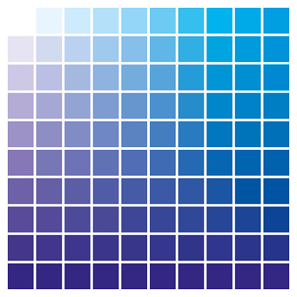 cmyk color chart to use in prepress and printing. Used to pick color swatches. Blue and cyan are base colors and others has been created combining them. tints and ink catalog for graphic arts