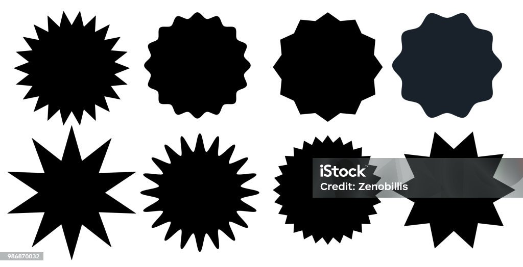 Serie de sellos de starburst negro sobre fondo blanco. Insignias y etiquetas de varias formas.  Ilustración de vector - arte vectorial de Resplandor del objetivo libre de derechos