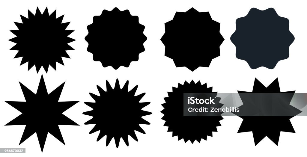 Conjunto de selos de starburst preto sobre fundo branco. Emblemas e etiquetas de várias formas.  Ilustração vetorial - Vetor de Reflexo de luz - Efeito Fotográfico royalty-free