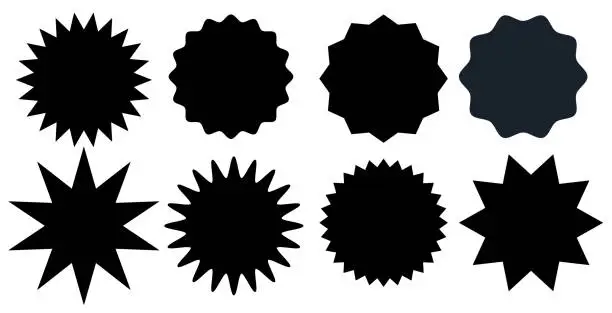 Vector illustration of Set of black starburst stamps on white background. Badges and labels various shapes.  Vector illustration