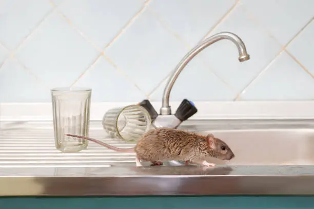 Photo of Closeup young rat prowls on the sink at kitchen on background of two faceted glasses. Fight with rodents in the apartment. Extermination.