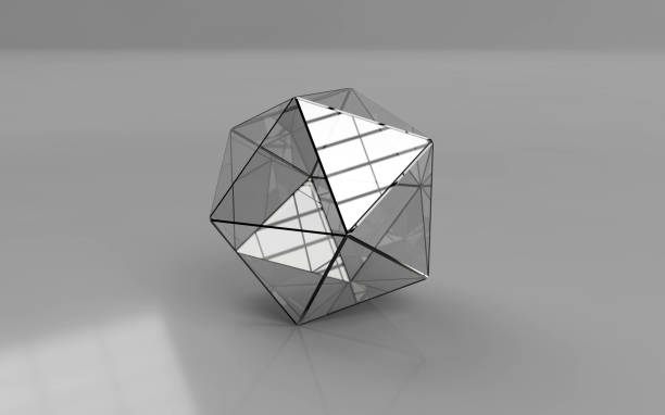 Icosahedron placed on the grey background. 3D rendering.