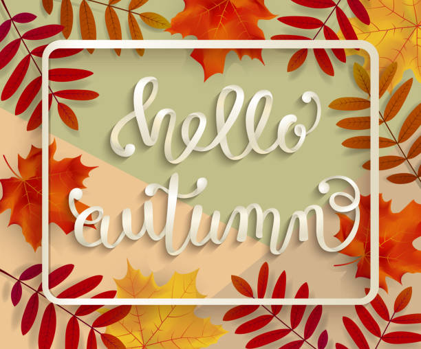 istock Hello Autumn Voluminous inscription in a frame with leaves 986900594