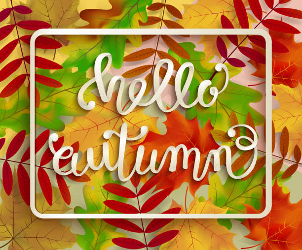 istock Hello Autumn Voluminous inscription in a frame with leaves 986900600