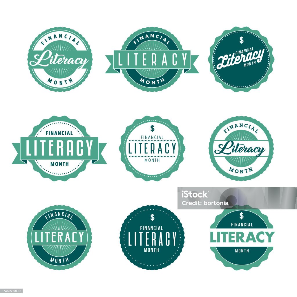 Financial Literacy Month Icon Set A set of holiday greeting labels in a variety of typographic styles. Color swatches are global for quick and easy color changes throughout the file. The color space is CMYK for optimal printing and can easily be converted to RGB for screen use. Financial Literacy stock vector