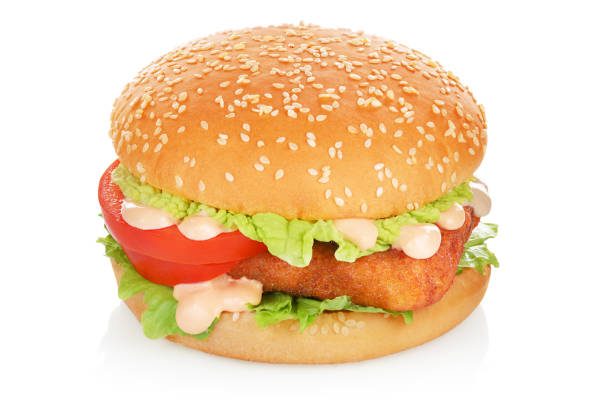 hamburger di pesce isolato su bianco - fish cakes immagine foto e immagini stock