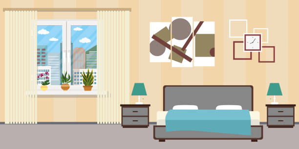 호텔 객실 또는 침실 인테리어 평면 디자인입니다. 홈 가구입니다. - symbol home interior furniture pillow stock illustrations