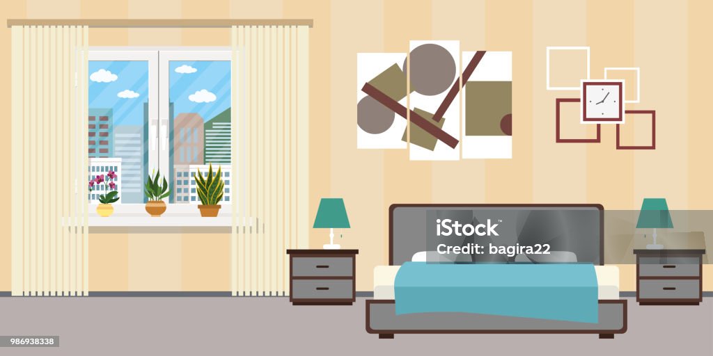 Hotel Room Or Bedroom Interior Flat Designhome Furniture Stock Illustration  - Download Image Now - iStock