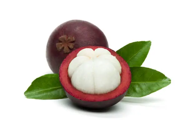 Mangosteen on white background, isolated whole exotic tropical fruit and another cut in half, healthy food