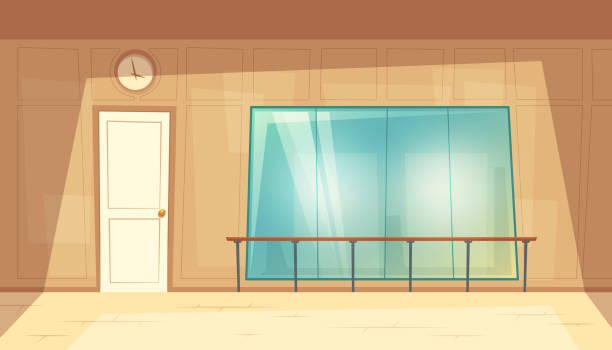 Vector cartoon empty dance-hall with mirrors Vector cartoon illustration of empty dance-hall with mirrors and wooden floor. Rehearsal room for ballet lessons with wall handrails. Gym, class for fitness trainings or yoga, blank interior inside barre stock illustrations
