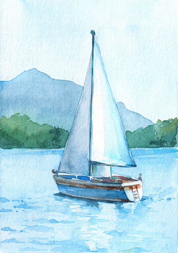 Sailboat with white sails in the lake on the beautiful mountains background. Watercolor hand drawn illustration.