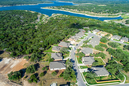 Georgetown , Texas , USA aerial drone suburb neighborhoods  roads come together and take you home - lake property