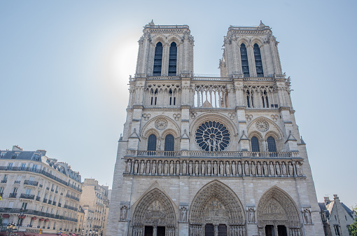 Paris / France - May 19, 2018: Exterior of the beautiful and historic Notre Dame Cathedral.