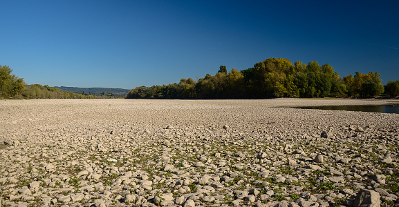 Dry riverbed on a nice autumn day with visible trees.\nRiver Rhine in Germany.