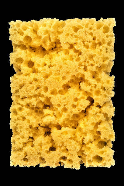 istock worn yellow sponge for washing dishes on black background, abstract background 987007636
