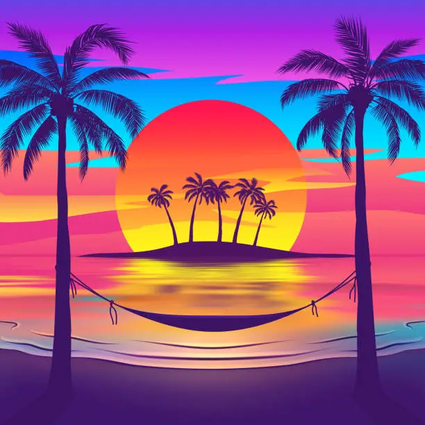 Vector illustration of Tropical Beach at Sunset with Island