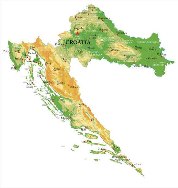 illustrazioni stock, clip art, cartoni animati e icone di tendenza di mappa fisica della croazia - croazia