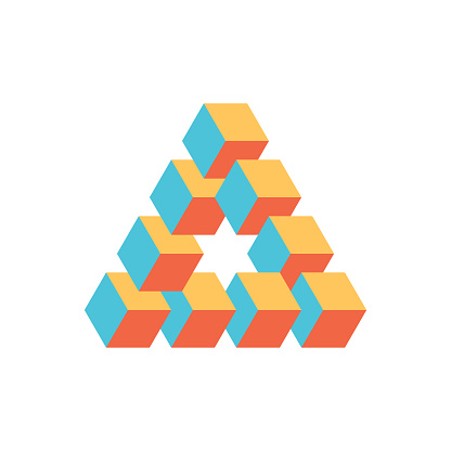 Impossible triangle in three different colors. Cubes arranged as geometric optical illusion. Reutersvard traingle. Vectori illustration.