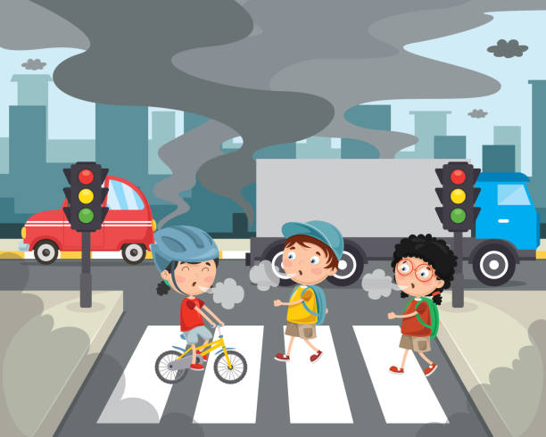 vektor-illustration der luftverschmutzung - kinder sport auto stock-grafiken, -clipart, -cartoons und -symbole