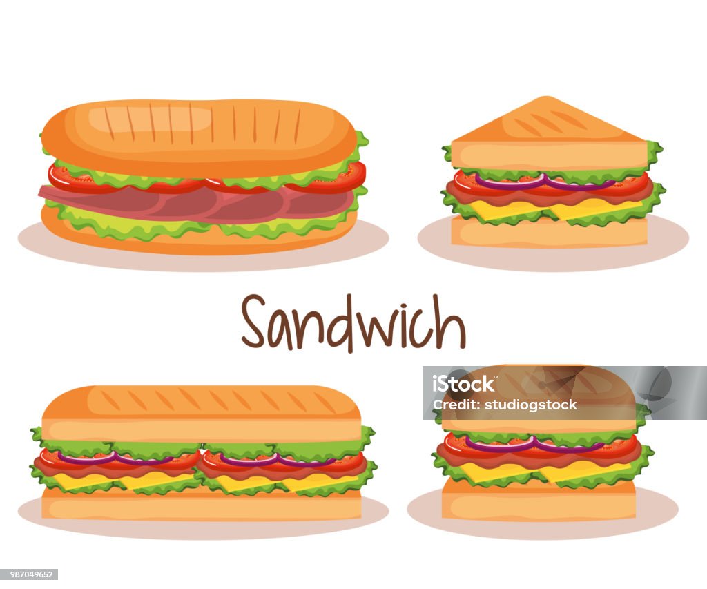 deliziose icone set di fast food sandwich - arte vettoriale royalty-free di Panino ripieno