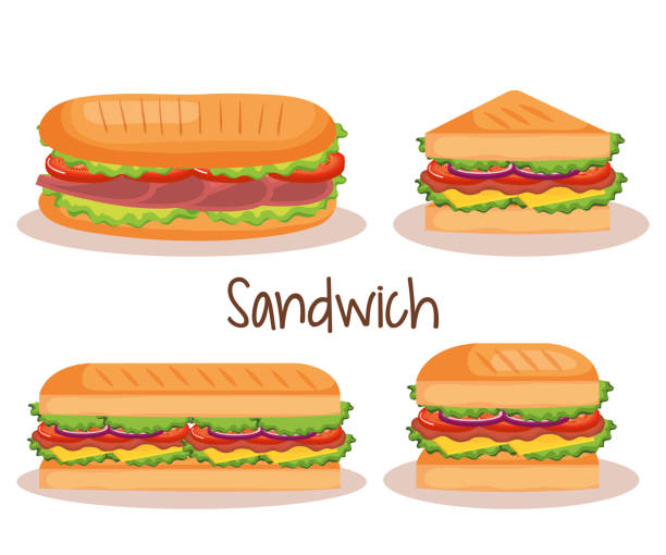illustrazioni stock, clip art, cartoni animati e icone di tendenza di deliziose icone set di fast food sandwich - panino