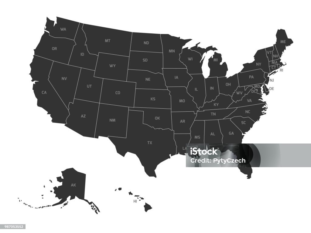 Karte der USA mit Abkürzungen für Bundesstaaten - Lizenzfrei Karte - Navigationsinstrument Vektorgrafik