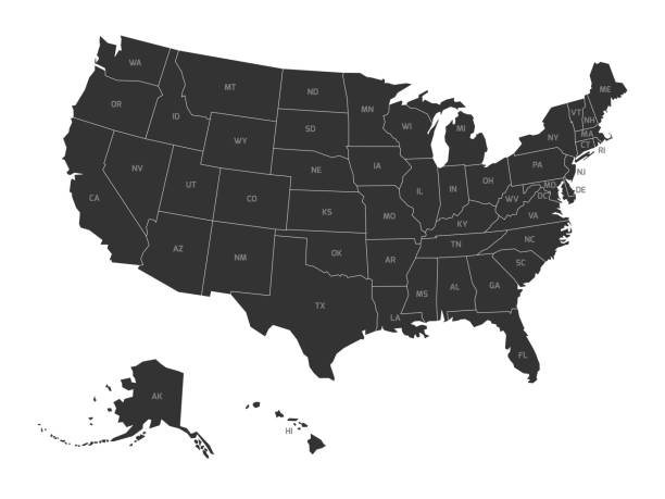 Map of USA with state abbreviations Map of United States of America with state codes. Simplified dark grey silhouette vector map on white background. mid atlantic usa stock illustrations