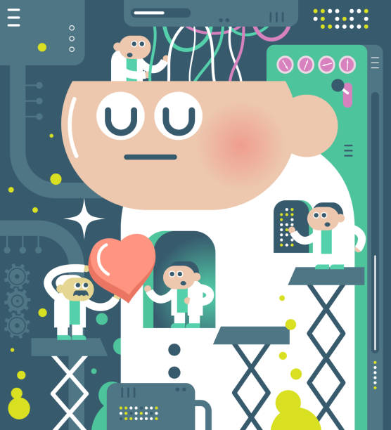 illustrazioni stock, clip art, cartoni animati e icone di tendenza di team di ingegneri (scienziati) che mette un cuore nel corpo del robot - love teamwork cooperation machine