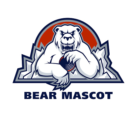 Vector sport emblem with white polar bear mascot holding hockey puck