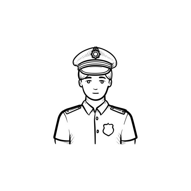 Policeman hand drawn outline doodle icon Policeman hand drawn outline doodle icon. Police officer in uniform as authority, power and patrol concept. Vector sketch illustration for print, web, mobile and infographics on white background basketball sport street silhouette stock illustrations