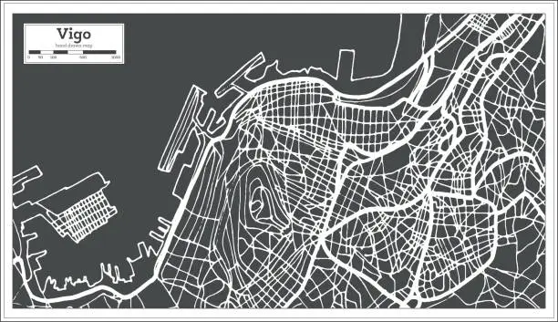 Vector illustration of Vigo Spain City Map in Retro Style. Outline Map.