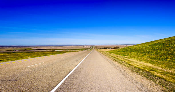 istock panorama of a long asphalt road between fields with green grass, a dense blue sky 987269718
