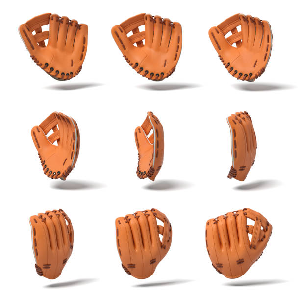 rendu 3d de nombreux gants de baseball cuir orange dans différents angles de vue sur un fond blanc - baseball baseballs catching baseball glove photos et images de collection