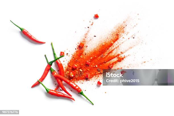 Chili Red Pepper Flakes And Chili Powder Burst Stock Photo - Download Image Now - Spice, Chili Con Carne, Food