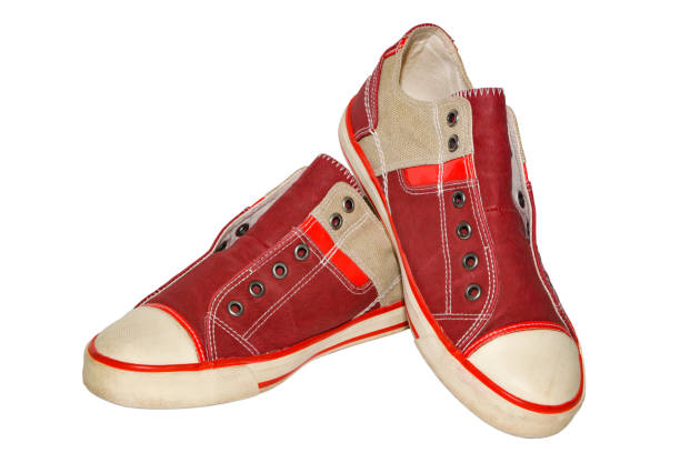 istock Red textile checkered sport sneakers with laces 987280964
