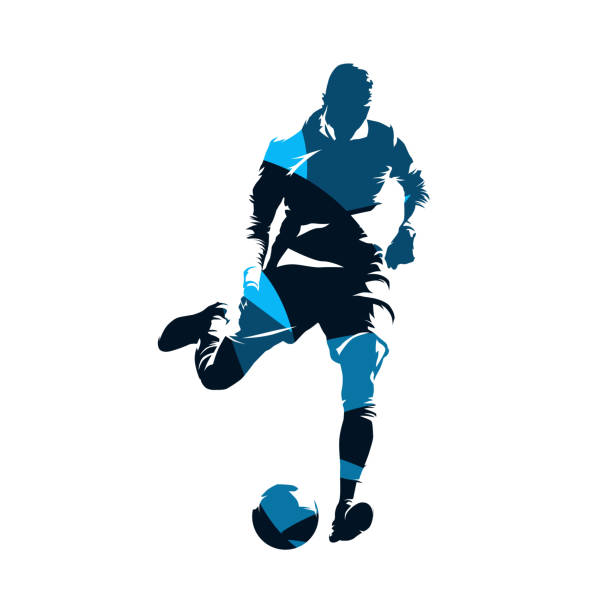 ilustraciones, imágenes clip art, dibujos animados e iconos de stock de jugador europeo de fútbol pateando la pelota, fútbol. silueta de vector aislado. vista frontal. deporte de equipo - soccer child silhouette sport