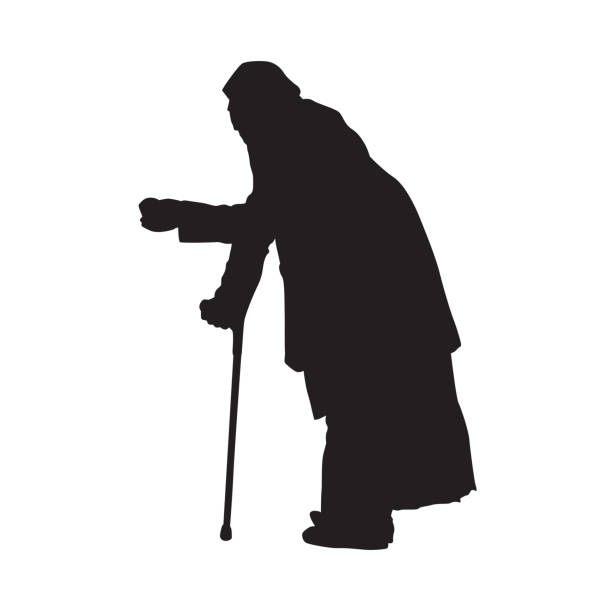 ilustraciones, imágenes clip art, dibujos animados e iconos de stock de mendigo se encuentra inclinado con una copa en la mano, silueta vector aislado. vista lateral - homelessness men white black
