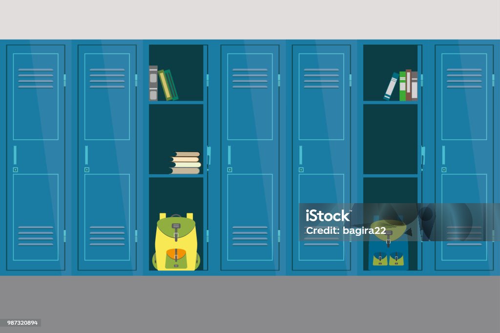 Open and closed school lockers,school interior and furniture Open and closed school lockers,school interior and furniture, flat vector illustration Locker stock vector