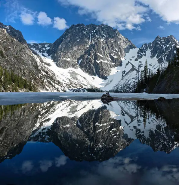 Photo of Beautiful reflections of rocky mountains covered with snow in calm clear water of alpine lake