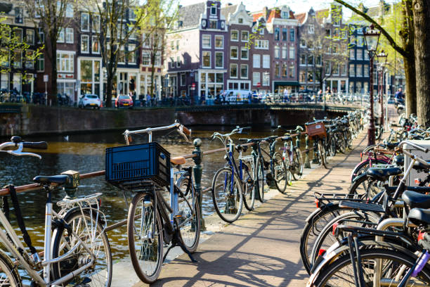 istock Traditional dutch bicycles parked on the bridge in Amsterdam, th 987337282