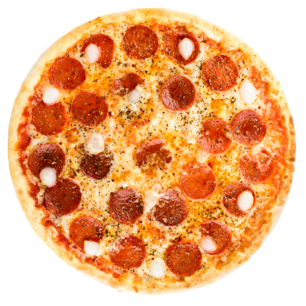 istock Delicious fresh baked pepperoni pizza isolated on white backgrou 987341434