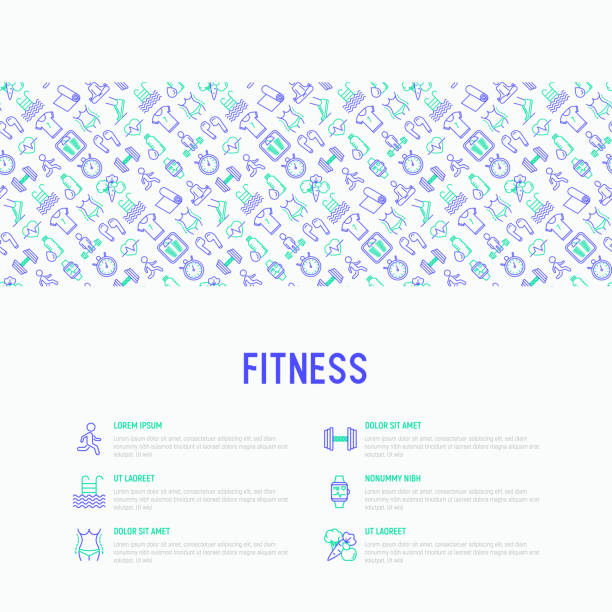 Fitness concept with thin line icons of running, dumbbell, waist, healthy food, swimming pool, pulse, wireless earphones, sportswear, yoga. Modern vector illustration for banner, print media, web page. Fitness concept with thin line icons of running, dumbbell, waist, healthy food, swimming pool, pulse, wireless earphones, sportswear, yoga. Modern vector illustration for banner, print media, web page. gym backgrounds stock illustrations