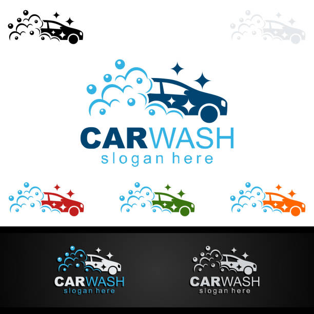 illustrazioni stock, clip art, cartoni animati e icone di tendenza di simbolo di lavaggio auto, auto per la pulizia, lavaggio e design del simbolo vettoriale di servizio - car wash car cleaning washing