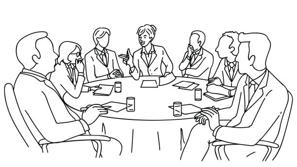 Smart leadership businesswoman Smart businesswoman as leadership, presenting in meeting room, business concept in smart and strong woman, feminist, feminism. Linear, thin line art, hand drawn sketch design, black and white style. entrepreneur drawings stock illustrations