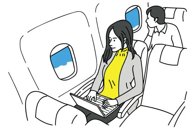 Vector illustration of Young woman working in airplane
