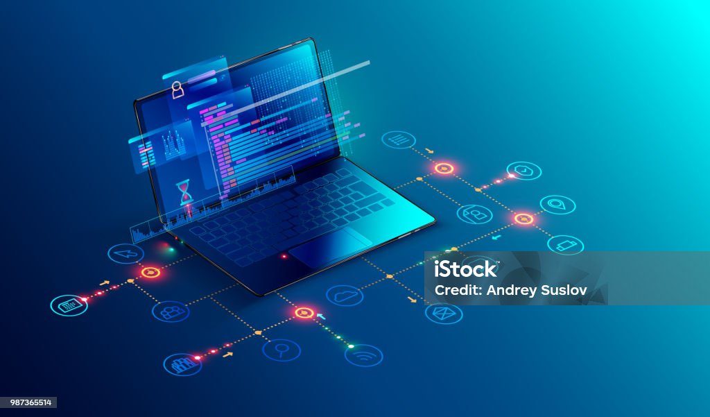 Software, desarrollo web, concepto de programación. Resumen código de idioma y programa en la pantalla del ordenador portátil de programación. Ordenador portátil y los iconos de red. Proceso de tecnología de desarrollo de Software - arte vectorial de Tecnología libre de derechos