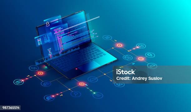 Ilustración de Software Desarrollo Web Concepto De Programación Resumen Código De Idioma Y Programa En La Pantalla Del Ordenador Portátil De Programación Ordenador Portátil Y Los Iconos De Red Proceso De Tecnología De Desarrollo De Software y más Vectores Libres de Derechos de Tecnología